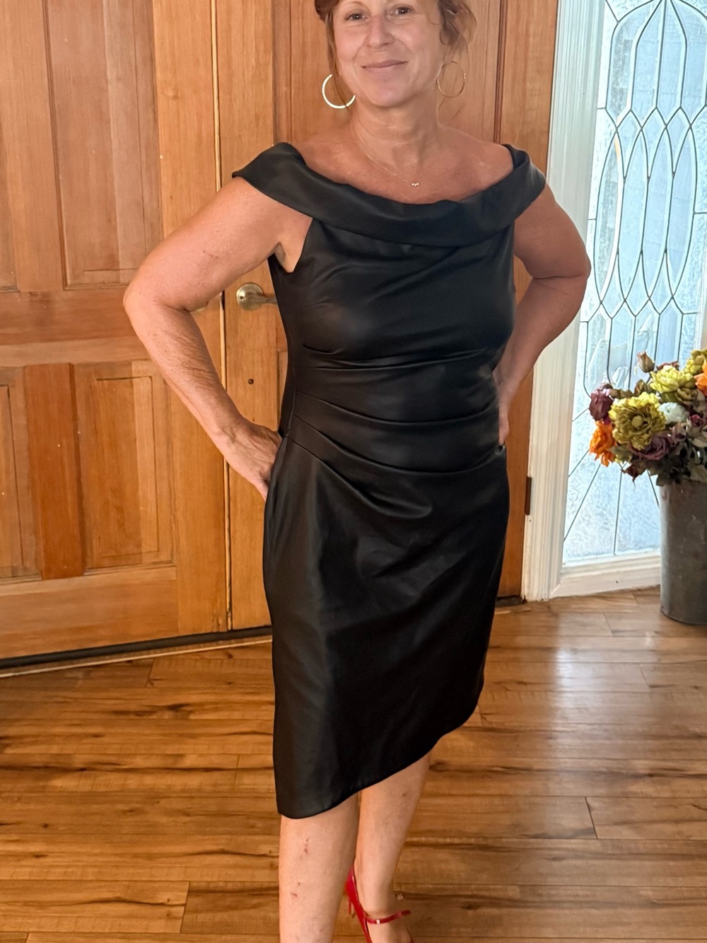 Milly Black Top with Leather-Trim Collar